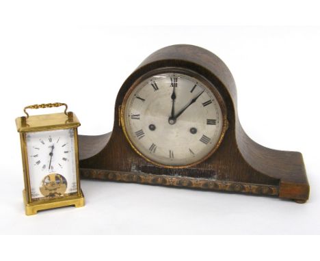 Schatz eight day carriage clock, 6.5" high and a two train oak cased Napoleon hat mantel clock (2)