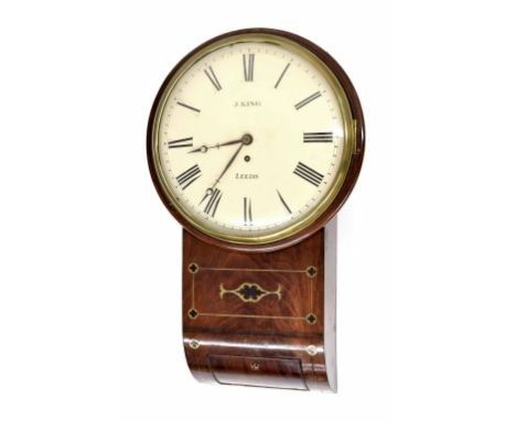 Mahogany single fusee 12" convex drop dial wall clock signed J. King, Leeds, within a turned surround over the trunk inlaid w