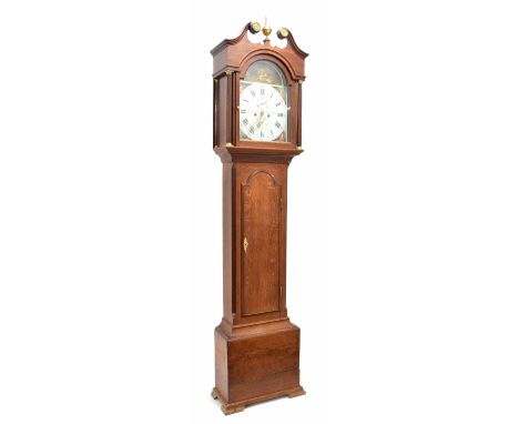 Oak eight day longcase clock, the 13" painted arched dial signed William Goodwin, Nottingham with subsidiary seconds and cale