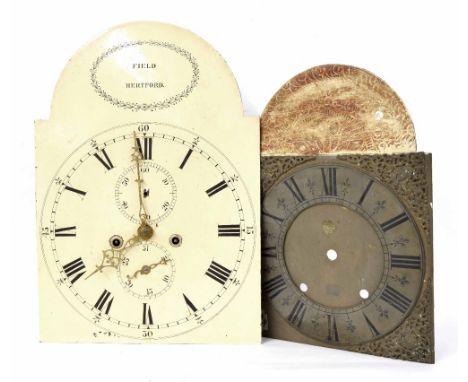 Eight day longcase clock movement, the 12" painted arched dial signed Field, Hertford over subsidiary second and calendar dia