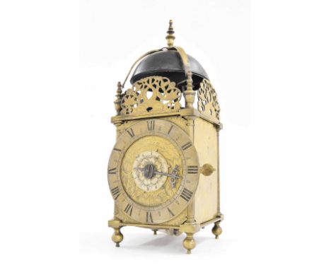 Good early brass hook and spike balance wheel lantern clock, the 6.25" silvered chapter ring enclosing a foliate engraved cen