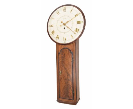 Mahogany tavern clock with deadbeat escapement, the 20" wooden dial with sweep seconds hand signed Fardon to the centre, also