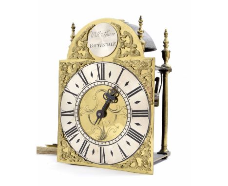 Antique lantern clock, the 7" brass arched dial signed William Shaw, Bottersdale on a silvered disc to the arch, over a silve