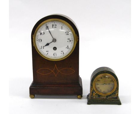 French mahogany mantel clock timepiece with platform escapement, the 4.25" white dial within a rounded arched inlaid stepped 