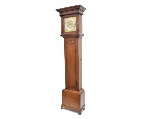 Oak thirty hour longcase clock, the 10.5" square brass dial signed Wainwright, Bunny on the silvered chapter ring enclosing a