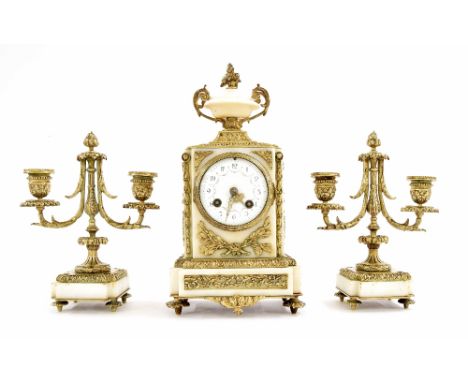 French white marble and gilt metal mounted two train mantel clock garniture, the Samuel Marti movement with outside countwhee