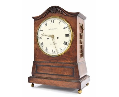 Mahogany double fusee bracket clock, the 8" convex cream dial signed Jas Bannister, London, within a panelled stepped case su