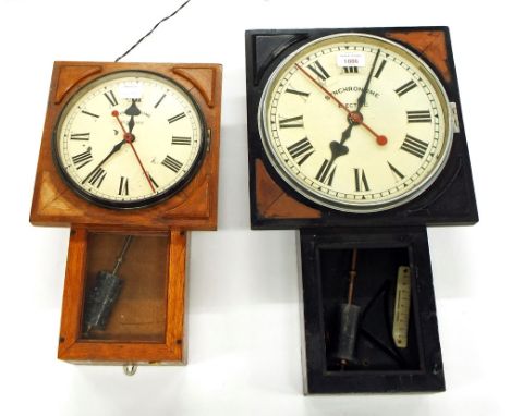 Hipp toggle Synchronome pendulum slave 10" drop dial wall clock with centre seconds, within an ebonised case, 20" high; also 
