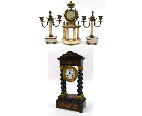 Ormolu and white marble portico mantel drumhead timepiece clock garniture, 13.5" high, with a pair of twin light candelabra, 