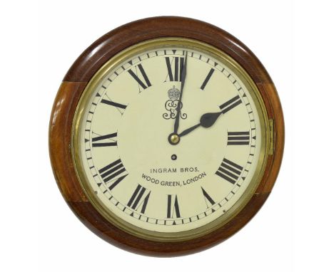 Mahogany single fusee 12" wall dial clock signed Ingram Bros. Wood Green, London and inscribed with the Royal Insignia of Geo