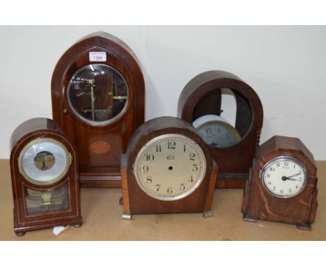 Five various electric wooden cased mantel clocks in need of rebuilding, tallest 15.25" (5)