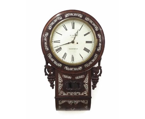 Rosewood and mother of pearl inlaid double fusee 12" drop dial wall clock signed W. Corke, 6 Cock St, Wolverhampton, within a