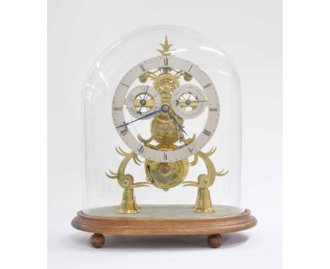 Good English brass single fusee calendar skeleton clock, the 6" silvered chapter ring enclosing a skeletonised centre with su