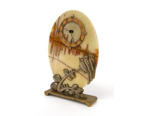 Art Deco oval shaped marble mantel clock timepiece, applied with silvered birds in a tree, the movement with platform escapem
