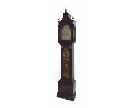 Black lacquer and chinoiserie decorated eight day longcase clock with five pillar movement, the 12" brass arched dial signed 