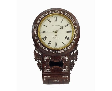 Rosewood and mother of pearl inlaid single fusee 12" drop dial wall clock signed J.P. Lewis, Bilston, within a flat surround 