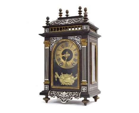 Small attractive ebonised and bone inlaid two train mantel clock, the movement back plate stamped A &amp; N no. 31533 strikin