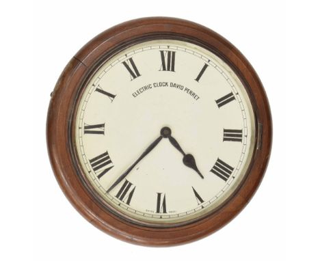 12" electric wall slave dial clock signed Electric Clock David Perret, within a mahogany turned surround and octagonal pine b