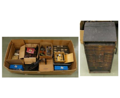 Large quantity of good clockmaking tools and clock parts etc; also with an old stained pine chest fitted with small drawers