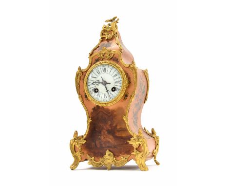 French Vernis Martin two train balloon shaped mantel clock, the Vincenti movement striking on a bell, the 3.25" white enamel 