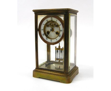 French four glass two train mantel clock striking on a bell, the 3.5" white chapter ring enclosing a recessed visible escapem