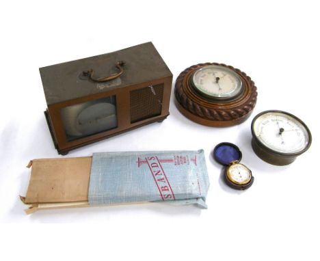 Pocket barometer signed Rowell, Oxford, within a leather travelling case; also two small circular wall barometers and an old 