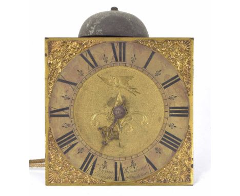 Thirty hour longcase clock birdcage movement, the 10" square brass dial signed Ninyon Bright, Wilmshurst Helmstone on the bra