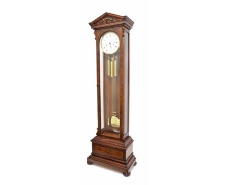 Contemporary walnut and mahogany three train longcase clock, the 9.5" white dial signed Comitti of London, Est. 1850 and with