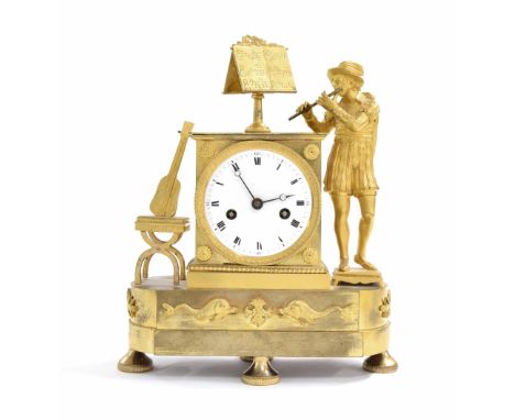 French Empire ormolu two train figural mantel clock, the movement with silk suspension, outside countwheel and striking on a 