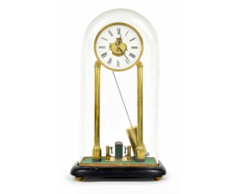 Electric portico mantel clock, the 4.75" white dial enclosing a skeletonised centre, within a brass bezel and supported upon 