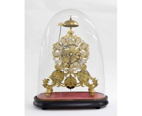 Good brass double fusee skeleton clock, the 7.25" pierced silvered chapter ring enclosing a skeletonised centre, upon curving