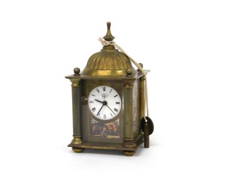 Lenzkirch brass alarm clock, within a square pillared case surmounted by a gadrooned dome top and finial, 6" high (key)