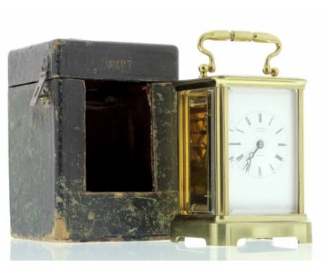 Carriage clock timepiece, the dial signed Carter, 61 Cornhill, London, within a corniche brass case, 6.5" high; also with out