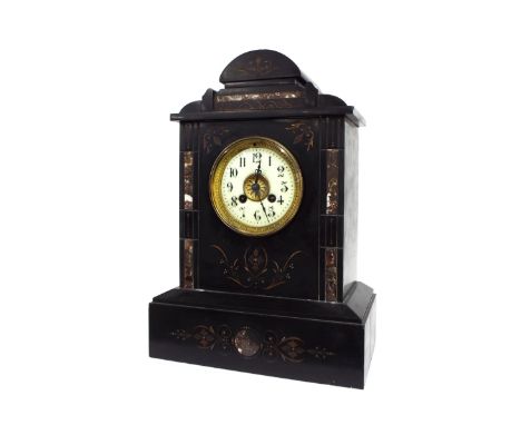 French black slate two train mantel clock striking on a gong, 15" high