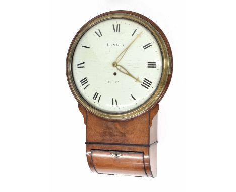 Good mahogany single fusee 12" convex wooden drop dial wall clock, signed Hamley, Duke Street, St James, London within a turn