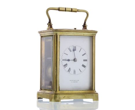 Repeater carriage clock striking on a gong, the dial plate signed R.C. Oldfield, Liverpool, within a corniche brass case, 7" 