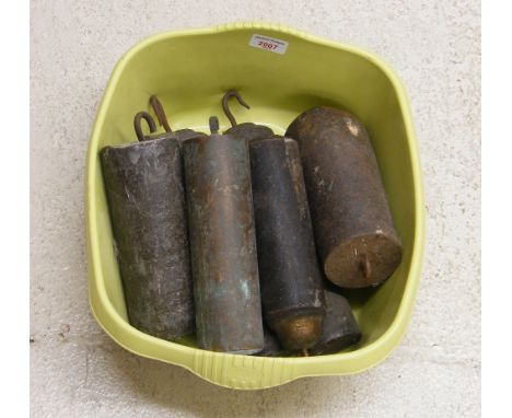 Two pairs of longcase clock weights and two single longcase clock weights (6)