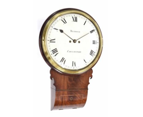 Good mahogany double fusee 14" convex wooden drop dial wall clock signed Richmond, Chelmsford, within a brass bezel and turne