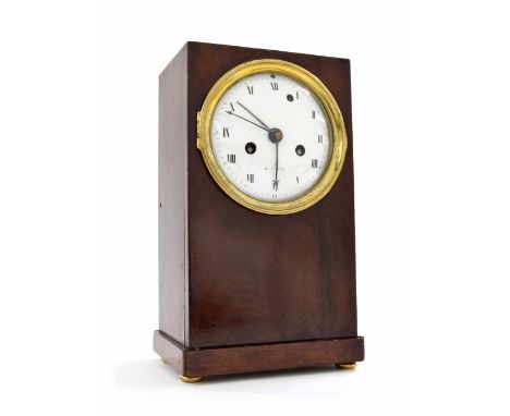 French mahogany two train library clock with alarm, the 4.75" white convex dial within a plain oblong case, 12" high