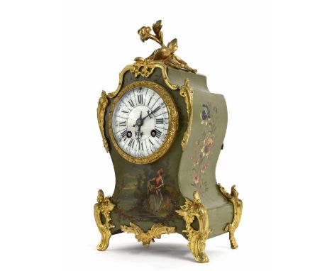 French Vernis Martin and gilt metal mounted two train balloon mantel clock, the Japy Frere movement striking on a gong, the 3