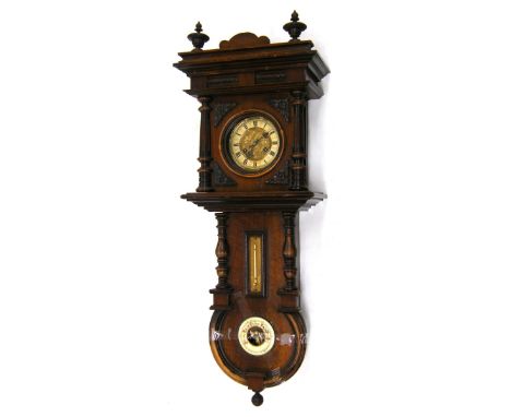 German walnut two train compendium wall clock, the 5" cream chapter ring enclosing a foliate embossed centre, over a thermome