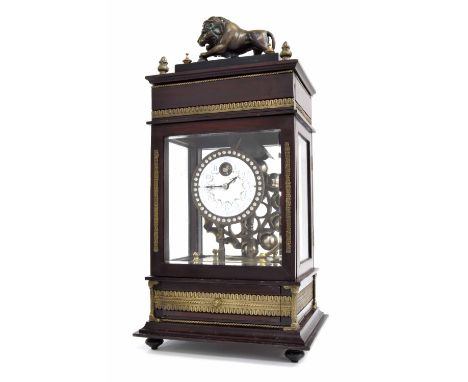 Unusual mahogany bracket clock, the movement driven by rolling ball bearings loaded into metal cups mounted around a driving 