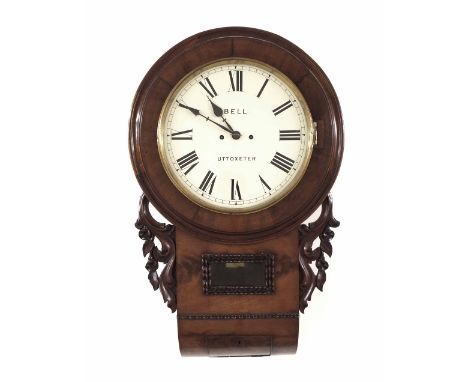 Mahogany double fusee 12" drop dial wall clock signed Bell, Uttoxeter, within a flat surround over pierced foliate carved ear