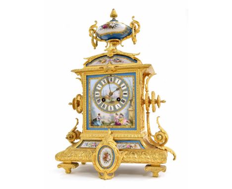 French ormolu and porcelain mounted two train mantel clock, the Japy movement stamped Mroy-Requier &amp; Co, Paris.London, st