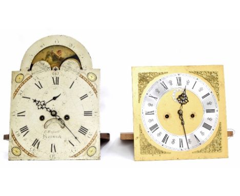 Eight day longcase clock movement, the 12" painted arched dial signed B. Rufsell, Norwich, with subsidiary seconds dial, cale