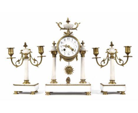 French white marble and ormolu mounted two train drumhead mantel clock garniture, the Mougin movement with outside countwheel