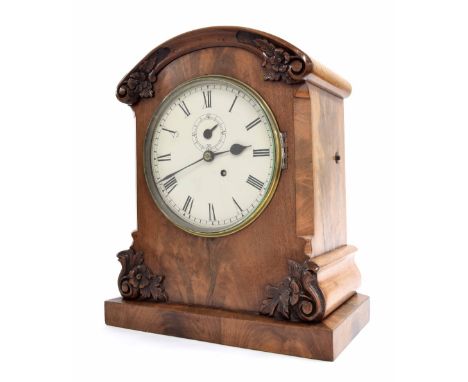 Mahogany single fusee bracket clock, the 7.5" white dial with subsidiary seconds dial, within a foliate carved scrolling step