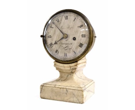 Brass drumhead single fusee pedestal mantel clock, the 6" silvered dial signed James Staples, Odiham, supported upon a later 