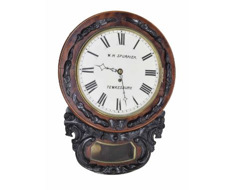 Mahogany single fusee 12" drop dial wall clock signed W.H. Spurrier, Tewkesbury, within a flat surround applied with ebonised