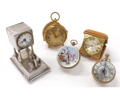 Two novelty glass ball watches, one with automaton dial; together with a Continental chrome alarm desk clock timepiece with c